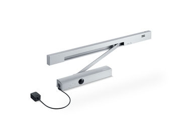 Door closer TS 5000 RFS 3-6 Overhead door closer with guide rail for 1-leaf doors with electric free swing function and smoke switch control unit with integrated smoke switch control unit whose signal closes the door independently in the event of fire.